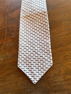 Unbranded Men's White Tie with Black Micro-Text “Moo” Pattern